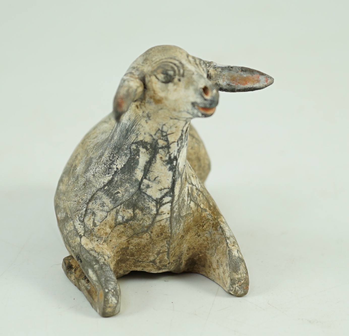 A Chinese painted grey pottery model of a recumbent sheep, Han dynasty, 10.2 cm long, One ear re-glued